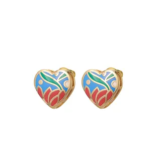 Customization Delicate Jewelry Gold Plated Ear Studs Colorful Enamel Heart Shape Earrings For Women