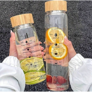 Stylish Glass <b>Water</b> <b>Bottle</b> With Wooden Lid 700ml 1000ml Large Capacity Hydration <b>Tracker</b> For Travel And Daily Use - Product Image 2