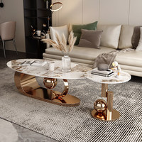 Table basse en pierre de style italien moderne et minimaliste avec structure en métal pour salon, design simple, table à thé ovale de luxe léger