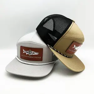 Custom Leather Patch Logo Grey Tan Brown 7 Panel Hat Mesh Snapback Richardson 112 Trucker Hats Caps With Rope