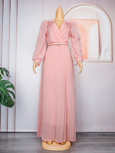 2026 New High-Quality Casual Plus Size <b>Pleated</b> <b>Long</b> <b>Skirt</b> Chiffon V-Neck Waist Cinched Dress - Product Image 5