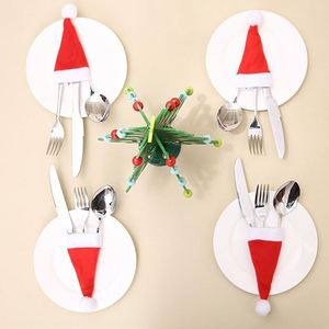 Décoration de table de fête, porte-couverts, housse pour bouteille de vin, chapeaux de Père Noël, sacs à vaisselle, mini pochette chapeau de Noël - Product Image 4