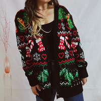 Logo personnalisé Flocon de neige de Noël Coeur Arbre Jacquard Col V Épaule tombante Manches longues Bouton Cardigan Pull Tricot Femmes