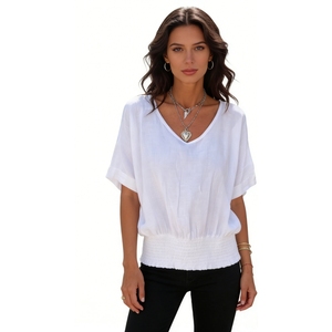 Damen V-Ausschnitt Kurzarm Bluse mit Geraffter Taille aus Leinen Lässige Weite Passform Oberteil Sehe Fashion - Product Image 5