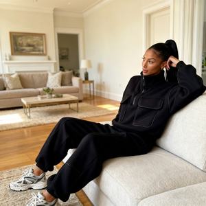 เสื้อมีฮู้ดทรงหลวมและลำลองสำหรับผู้หญิง, เสื้อมีปกตั้งและซิปครึ่งตัวเสื้อแขนยาวมีหลายกระเป๋า TKAN486D - Product Image 1