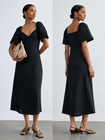 Vestido Midi de Lino Negro con Cuello Cuadrado y Nudo Frontal con Volantes y Manga Corta, Novedad de Verano 2026, Gran Venta en EE. UU. y Australia