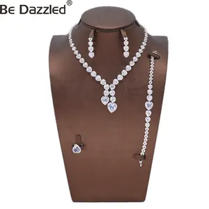 Bedazzled high quality latest design wedding love zircon white stone dubai rhodium plated rani haar jewelry set