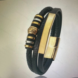 Multi Layer Hand Woven <b>Leather</b> <b>Bracelet</b> For Men Black Gold Gradient Skeleton Design Magnetic Buckle Jewelry Gift - Product Image 1