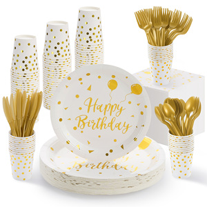 Juego de Vajilla Desechable de 350 Piezas con Lámina Dorada, Ecológico, Apto para Microondas, para 50 Personas, Platos, Vasos y Servilletas de PET para Fiestas de Cumpleaños - Product Image 1