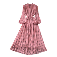 Robes midi vintage à pois à manches longues pour femmes, collection automne 2026, col montant, taille cintrée, coupe évasée, pour le bureau