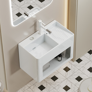 Lavabo da <span class=keywords><strong>Bagno</strong></span> in Ceramica a Parete con Scarico a Controlli Integrati, Lavatoio Incorporato e Vano Portaoggetti Integrato - Product Image 2