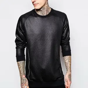 OEM wholesale mens longline side zipper black leather hoodies