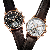 Montre mécanique de luxe de marque haut de gamme pour homme, bracelet en cuir marron, boîtier en acier inoxydable, fermoir à boucle, calendrier hebdomadaire, verre résistant à l'eau
