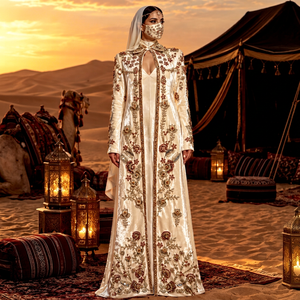Abaya de Terciopelo Crema con Bordado Floral, Vestido de Noche de Dos Piezas, Manga Larga, Cuello Cuadrado, Cintura Natural, Ropa de Fiesta para Mujeres Musulmanas - Product Image 1