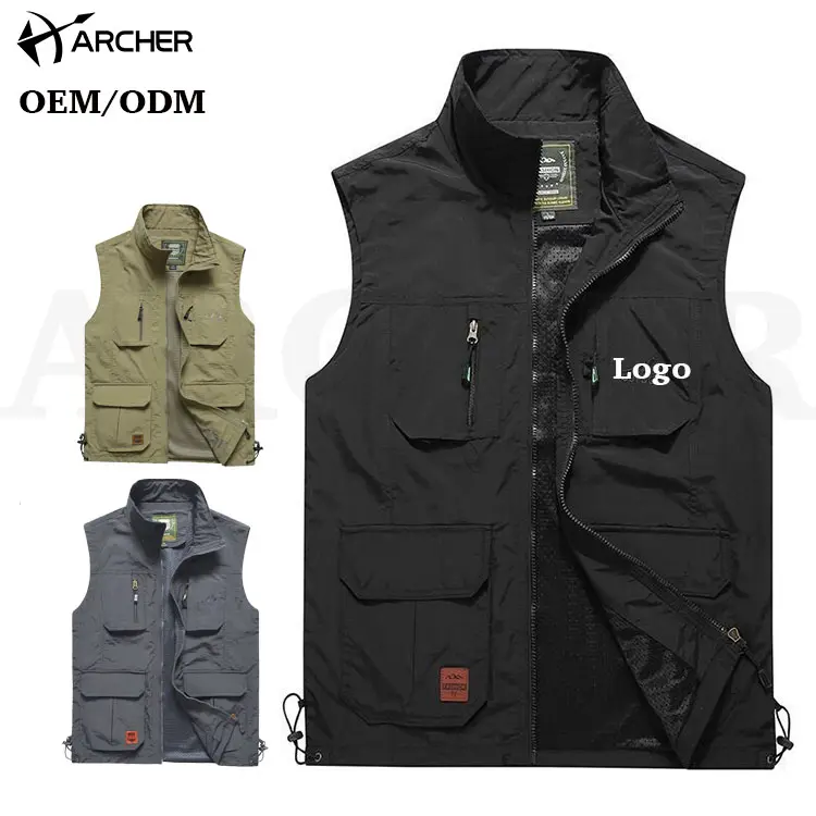 Gilet da lavoro esterno personalizzato con Logo estivo 100% da uomo in cotone con cerniera Cargo Multi Pocket gilet