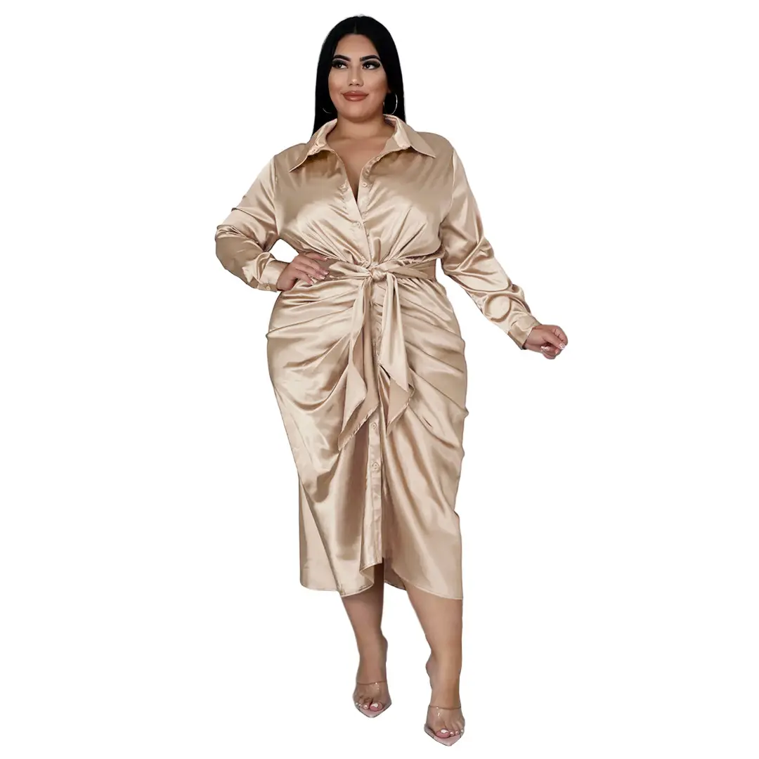 Ladies Plus Size Casual Dress Solid Color Belt Pleated Sexy Midi Satin Dresses Plus Size Clothes For Woman