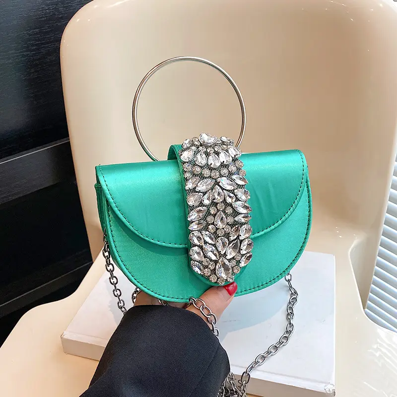Factory direct sell fresh bright colors women saddle bags with rhinestone decoration round circle handle evening bag for ladies
