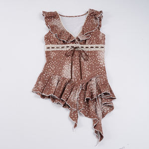 Animal Print V-Neck Shoulder Women's Summer Knitted T-<b>Shirt</b> Breathable Eco-Friendly Anti-UV New Arrival Hot Sale Irregular Hem - Product Image 6