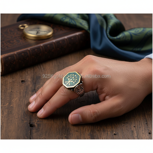 925K Sterling Silver Green Enamel Art Circassian <b>Men</b> <b>Ring</b> - Product Image 3