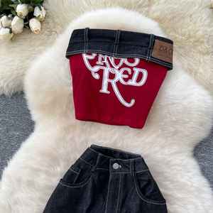 Ensembles Y2K d'été pour femmes : Haut bustier sans manches et ensemble en jean taille haute avec lettres, survêtements de jogging – Vente en gros - Product Image 2