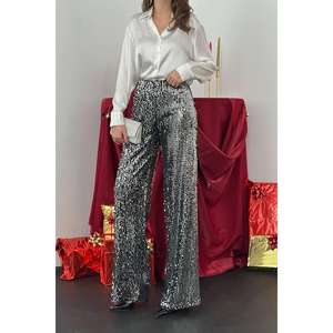 Wholesale Canvas <b>Trousers</b> Elastic High-Waist <b>Black</b> Silver <b>Sequins</b> Loose Fit Formal Pattern Autumn XL Breathable Colored-Wash - Product Image 1