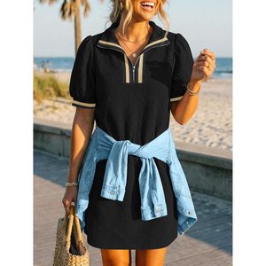 Robe pull décontractée d'été pour femme à manches bouffantes, col en V zippé, coupe ample texturée en maille - Product Image 4