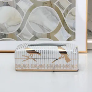 T028 Ceramic gold tissue box cover 9.8 inch bird desktop gold tissue box napkin holder for table home decor