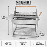 Barbecue à charbon de bois à bascule en acier inoxydable SUS 304 avec panier grillagé, étagère latérale et tiroir à cendres, fabriqué sur mesure pour les marques de barbecue