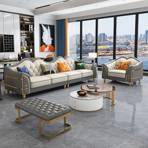 Set Divani in Pelle 1+2+3 Stile Americano per Soggiorno, Combinazione di Divani di Lusso Leggero per Appartamento - Product Image 2