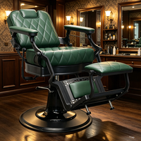 Fauteuil de barbier vintage en cuir matelassé vert foncé, pivotant à 360°, inclinable hydrauliquement, avec repose-pieds