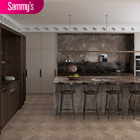 Ensembles d'armoires en bois stratifié MDF brillant de style moderne Armoires de cuisine laquées noires avec évier îlot Comptoir en marbre