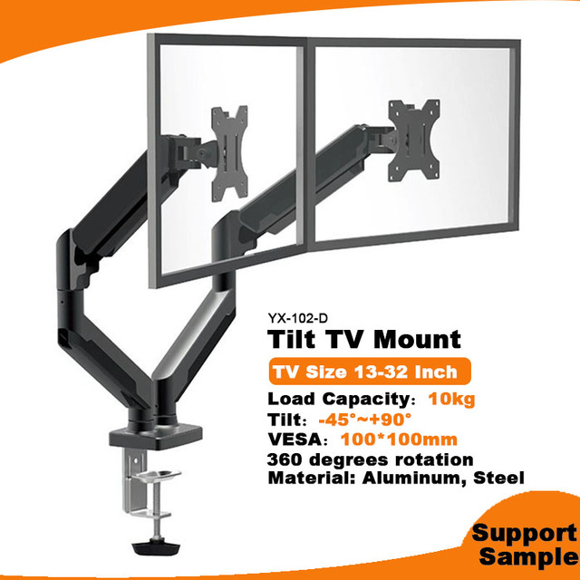 13-32 Inches Tilt +90° -45° Swivel 180° Rotate 360° Gas Spring Dual Monitor Arms