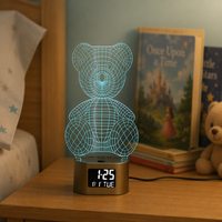 Réveil numérique LED 3D, lampe à illusion d'optique de table/bureau, 7 couleurs changeantes, en bois, chargement USB, moderne pour chambre à coucher