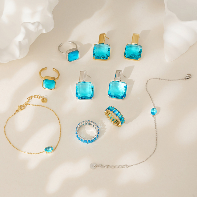 CLIORO Gold Stainless Steel Blue Crystal Jewelry Set Earrings Bracelets Rings Fashion Accessories for Women Daily Party Gifts