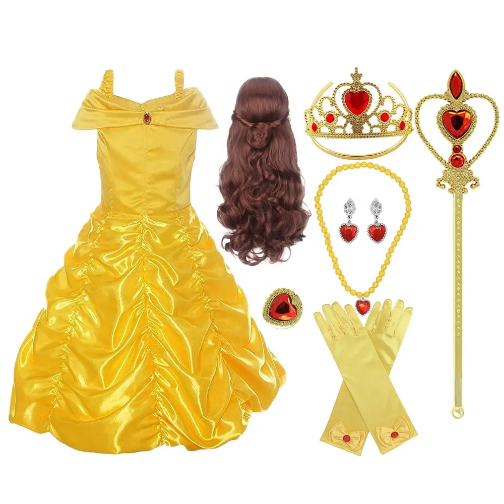 Penjualan Laris Kostum Cosplay Halloween Gaun Anak Perempuan Pesta Wig Elsa Putri Koleksi Kostum Belle untuk Anak-anak