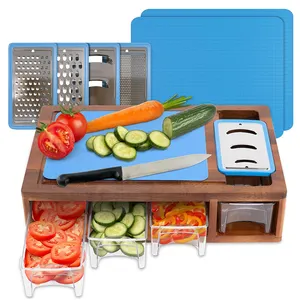 Tabla de cortar de plástico rectangular para restaurante, carne, verduras, 2 tablas de cortar de madera de acacia con almacenamiento