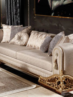 Canapé en tissu sculpté en bois massif de style européen, ensemble de meubles de salon de luxe de style français avec feuille d'or