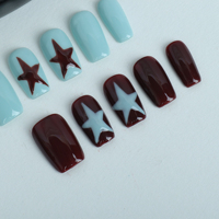 Uñas artificiales hechas a mano con estrellas de doble color pintadas a mano, uñas reutilizables de alta calidad.