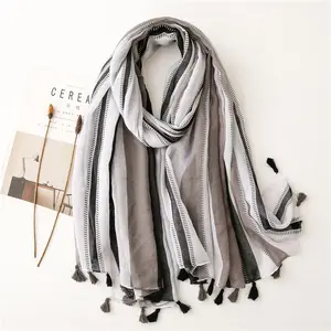 2021 fashionable gray and black stripe print tassel scarf travel long Shawl Scarf Beach Scarf Female Instant hijab