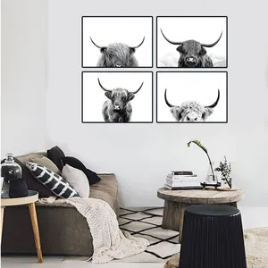 Schwarz-Weiß Hochland Kuh Rinder Wandkunst nordische Leinwand Malerei Poster skandinavische Bilder Leinwanddruck für Hotels