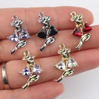 Liontin Bunga Mawar dari Paduan Seng dengan Inlay Zirkon, Aksesori DIY untuk Gelang, Kalung, Anting, dan Perhiasan Lainnya