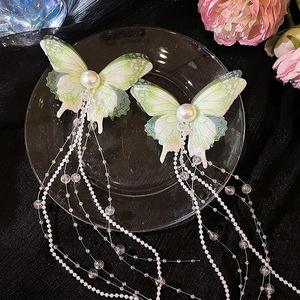 Fashionable Sweet Girl Fabric Hair Accessories Mesh Butterfly Pearl Rice Bead Tassel Hairpin Duckbill <b>Clip</b> Carton Packaging - Product Image 5