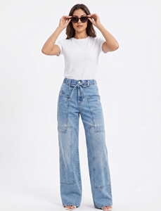 Jeans Cargo a Gamba Larga da <span class=keywords><strong>Donna</strong></span>, Blu Chiaro Lavato, Vestibilità Comoda, <span class=keywords><strong>Pantaloni</strong></span> in Denim Casual da Lavoro, Pronta Consegna USA - Product Image 1