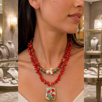 Collier de perles de corail rouge plaqué or avec pendentif breloque perle, bijoux superposés vintage pour cadeau ou fête
