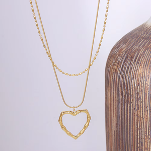 Women's Trendy Stainless Steel 18K Gold Plated Double Chain Pendant Necklace Bamboo Joint-Shaped <b>Heart</b> for Party Gifts - Product Image 2