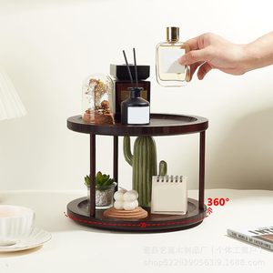 Wooden Double Layer <b>Rotating</b> Storage <b>Rack</b> Round 360 Degree Kitchen <b>Spice</b> Organizer Desktop Cosmetic Holder Standing Type - Product Image 2