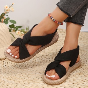 Sandales plates bohèmes à nœud torsadé, dessus en lin, semelle tressée en jute, bride élastique, chaussures de marche pour les vacances et l'extérieur - Product Image 6