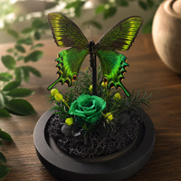 Cloche en verre papillon émeraude avec spécimen réel préservé, rose botanique, décoration de luxe pour bureau, maison, mariage, cadeau
