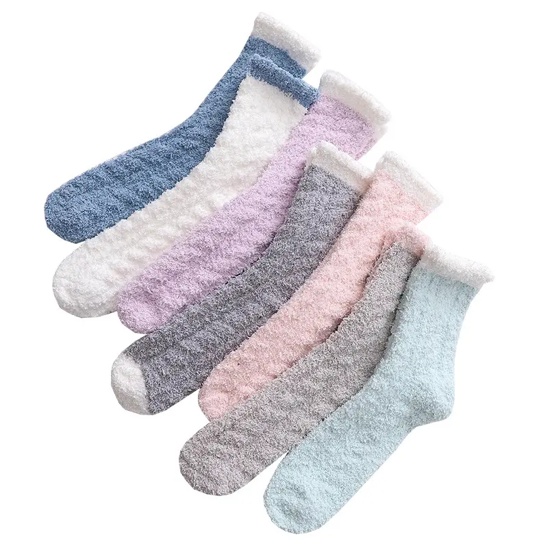 Factory Wholesale solid color Floor Home Fuzzy Socks Winter Thick Fluffy Warm Coral Velvet Women Sleeping Socks For Gril