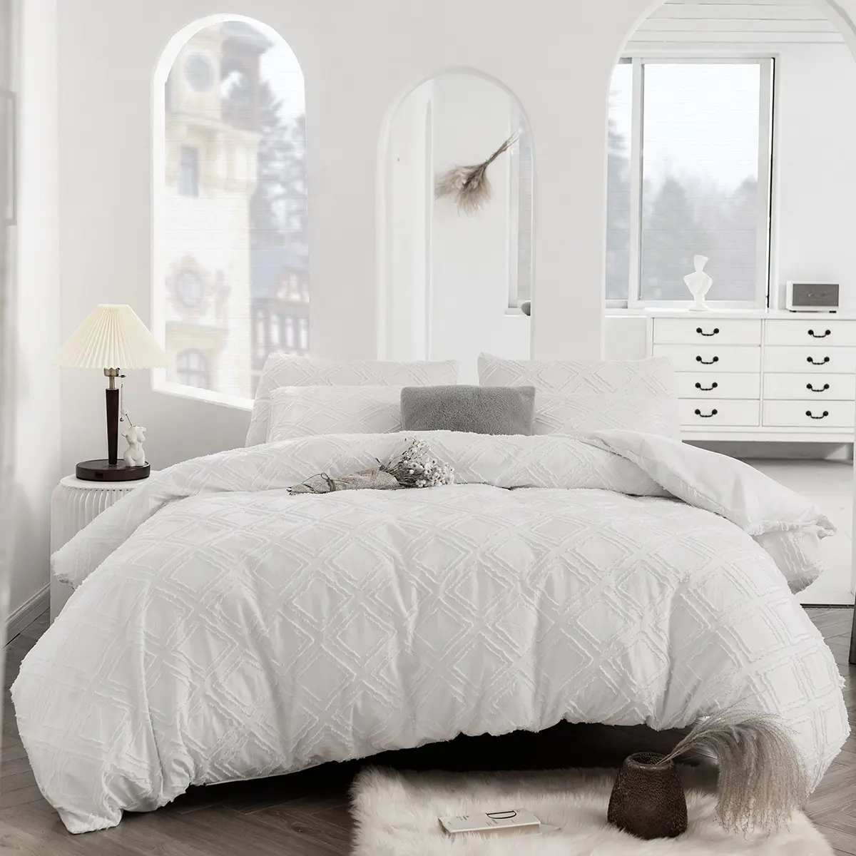 Sunny Home Textiles White Neat Bedding Three-piece Duvet Cover Set Bedding